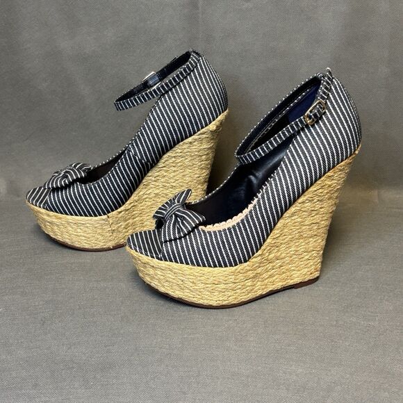 Shoedazzle Wedge Heels Size 9.5 US Navy/White w/Bow & Ankle Strap-New - Picture 5 of 9